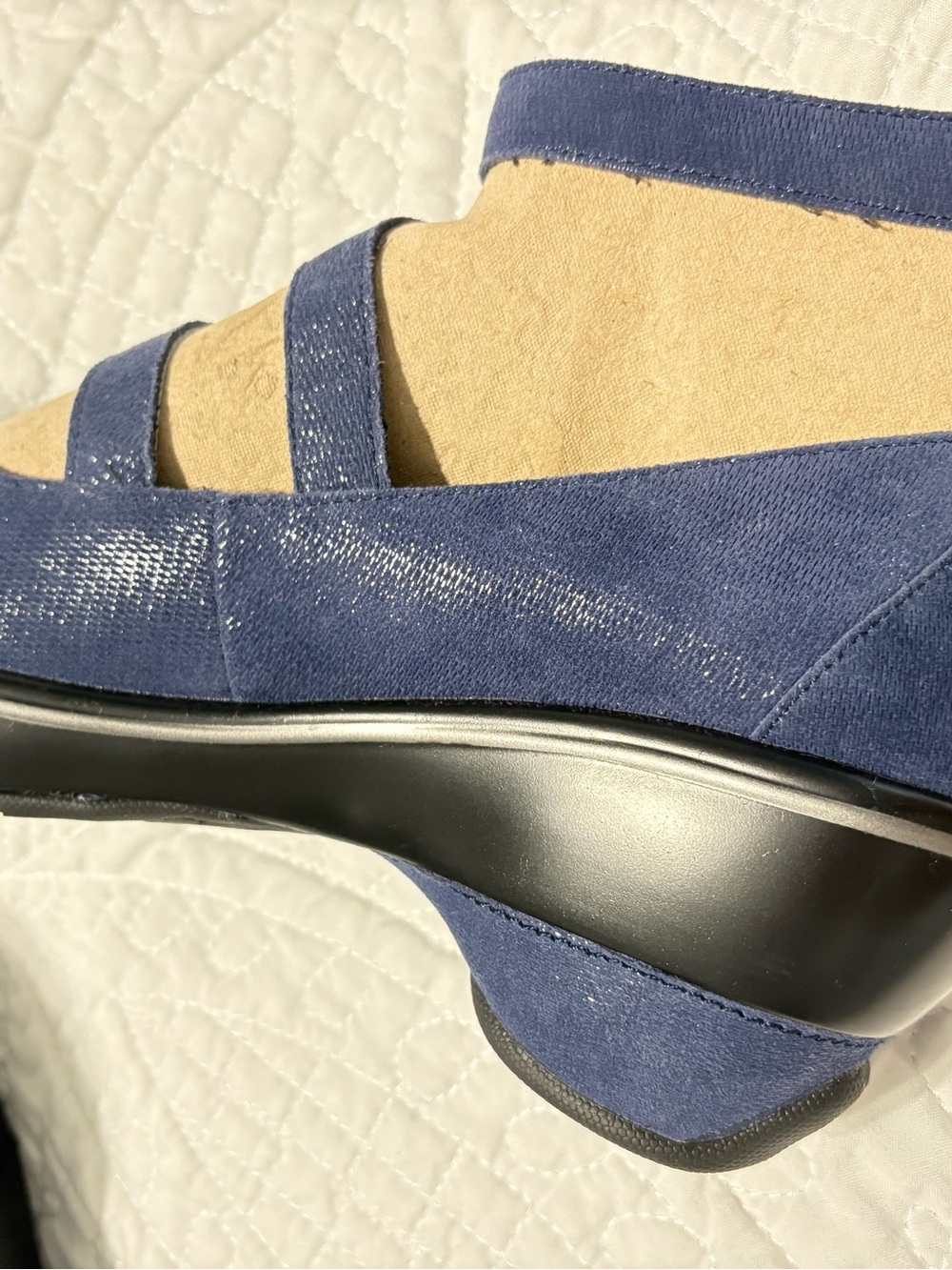 New in Box! Jambu Navy Shimmer Triple-Strap Mary Jane Wedge Heels - Picture 6 of 17